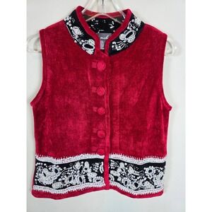 Lisa Nichols Women Red Velvet Embroidered Mandarin Collar Vest‎ Small